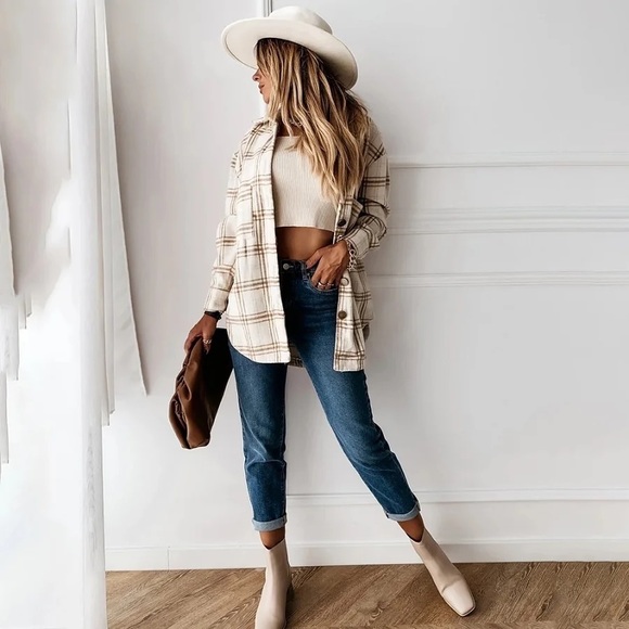 LAST 1 tan cream plaid soft button down flannel long sleeve light top CLEARANCE - Picture 4 of 5